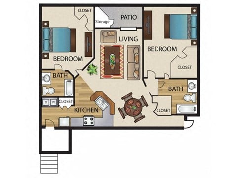 Floor plan for 2 beds, 2 baths, 1067 sqft