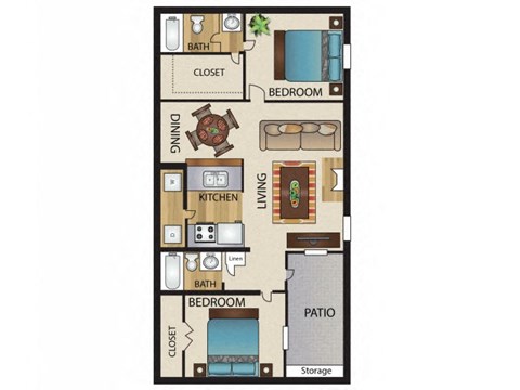 Floor plan for 2 beds, 2 baths, 859 sqft