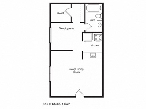 Floor plan for 1 bed, 1 bath, 443 sqft