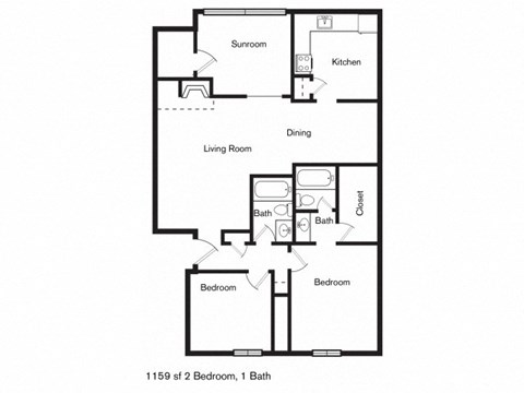 Floor plan for 2 beds, 2 baths, 1159 sqft