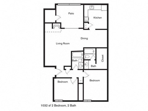 Floor plan for 2 beds, 2 baths, 1032 sqft