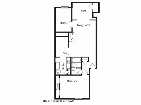 Floor plan for 1 bed, 1 bath, 826 sqft
