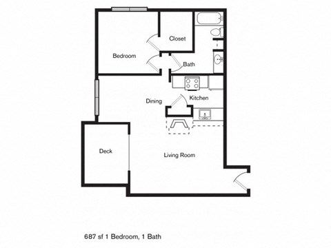 Floor plan for 1 bed, 1 bath, 687 sqft