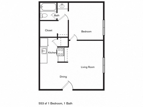 Floor plan for 1 bed, 1 bath, 553 sqft
