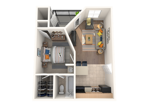 Floor plan for 1 bed, 1 bath, 411 sqft