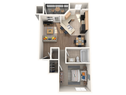 Floor plan for 1 bed, 1 bath, 611 sqft