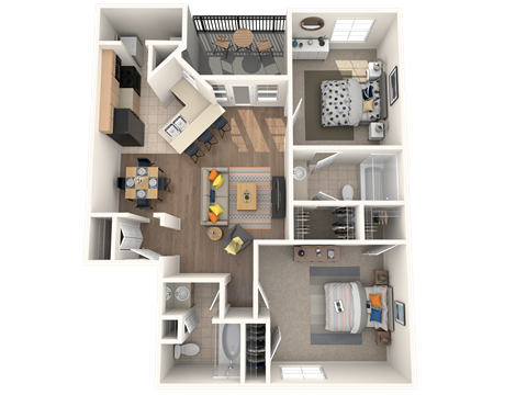 Floor plan for 2 beds, 2 baths, 897 sqft