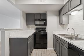 Dallas apartment for rent - A kitchen with a black dishwasher and stove.
