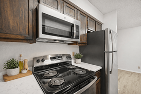 San Antonio apartment for rent - A kitchen with a black stove top oven and a black refrigerator.