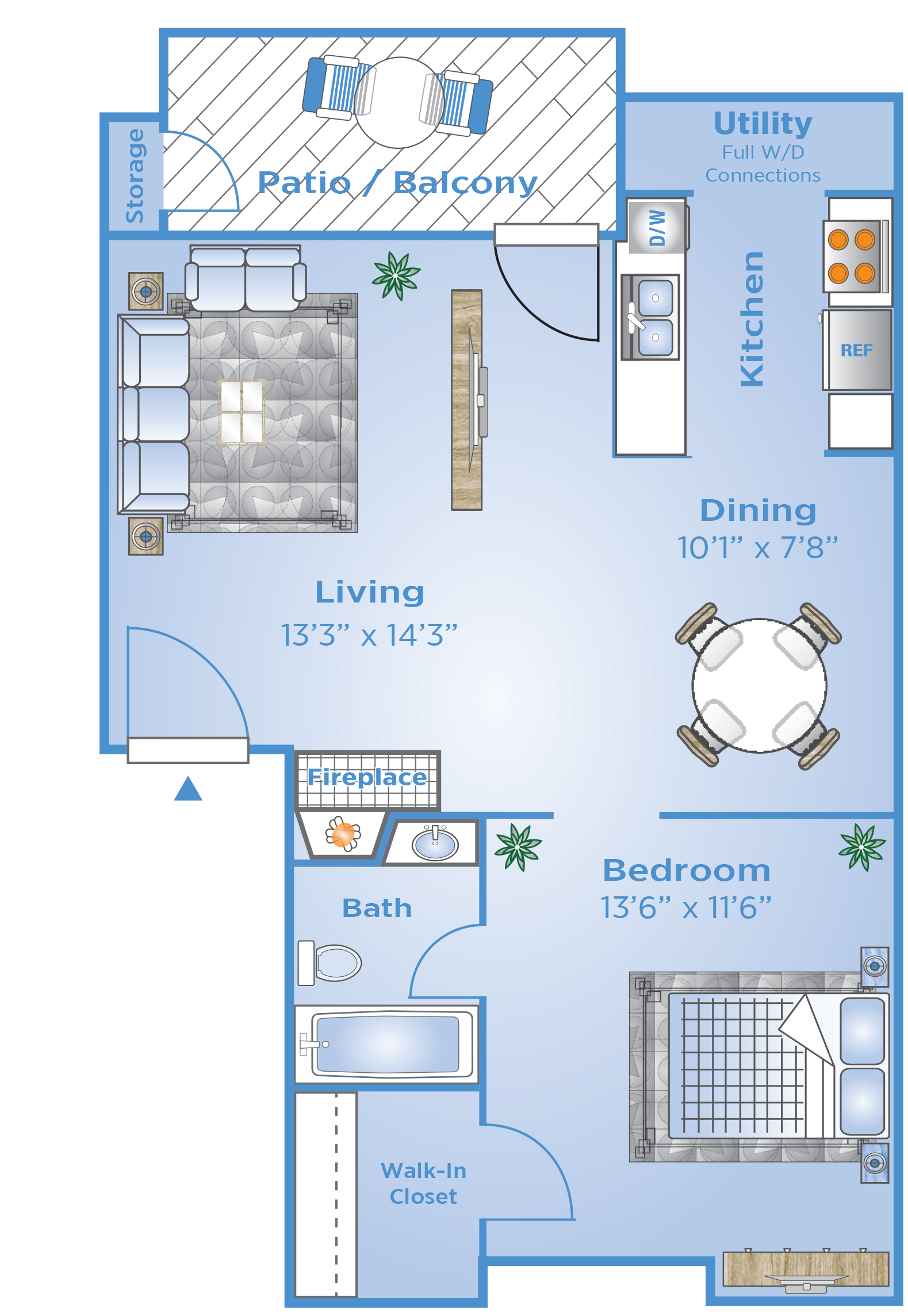 Floor plan for 1 bed, 1 bath, 606 sqft