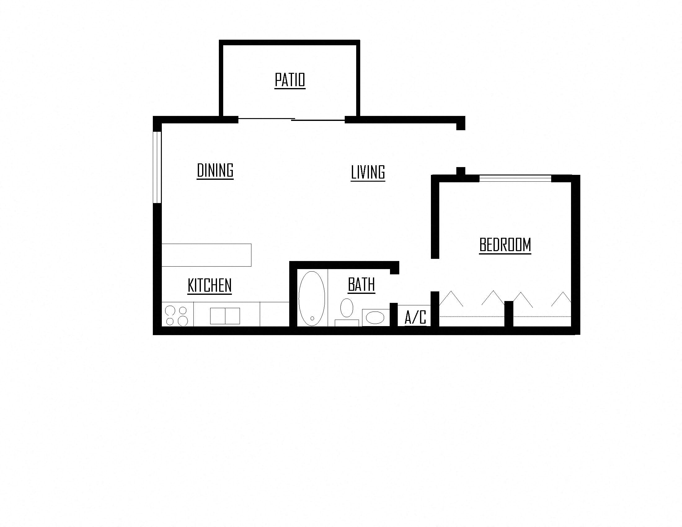 Floor plan for 1 bed, 1 bath, 552 sqft