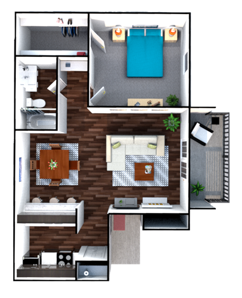 Floor plan for 1 bed, 1 bath, 655 sqft