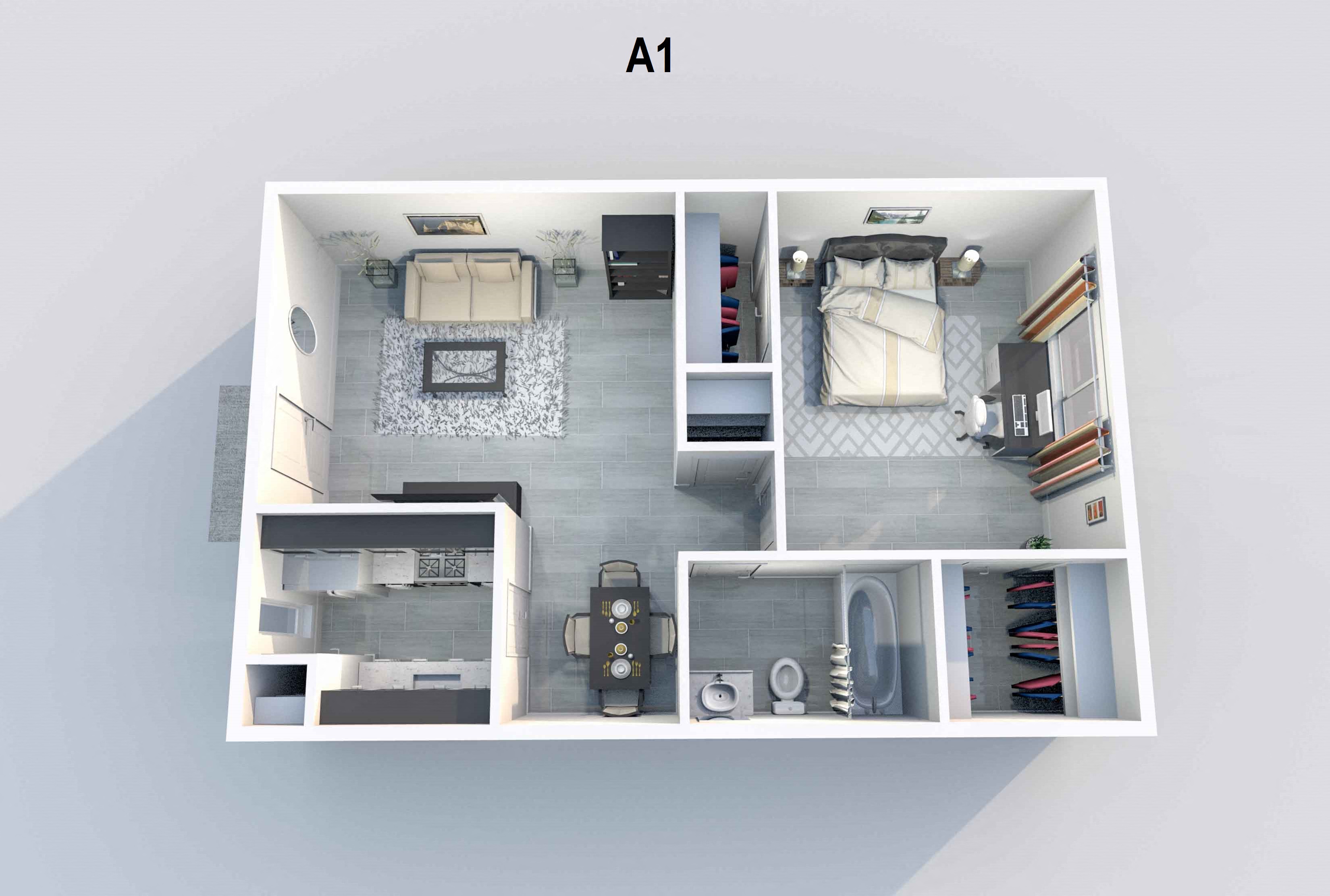 Floor plan for 1 bed, 1 bath, 566 sqft