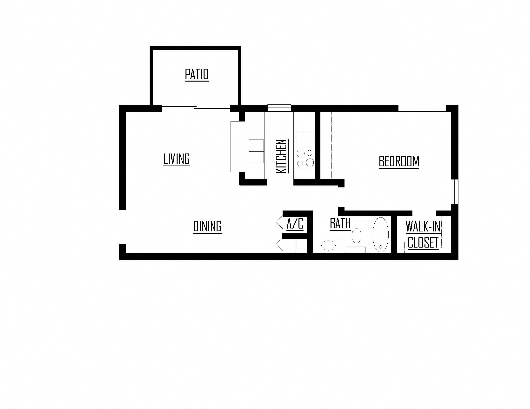 Floor plan for 1 bed, 1 bath, 578 sqft