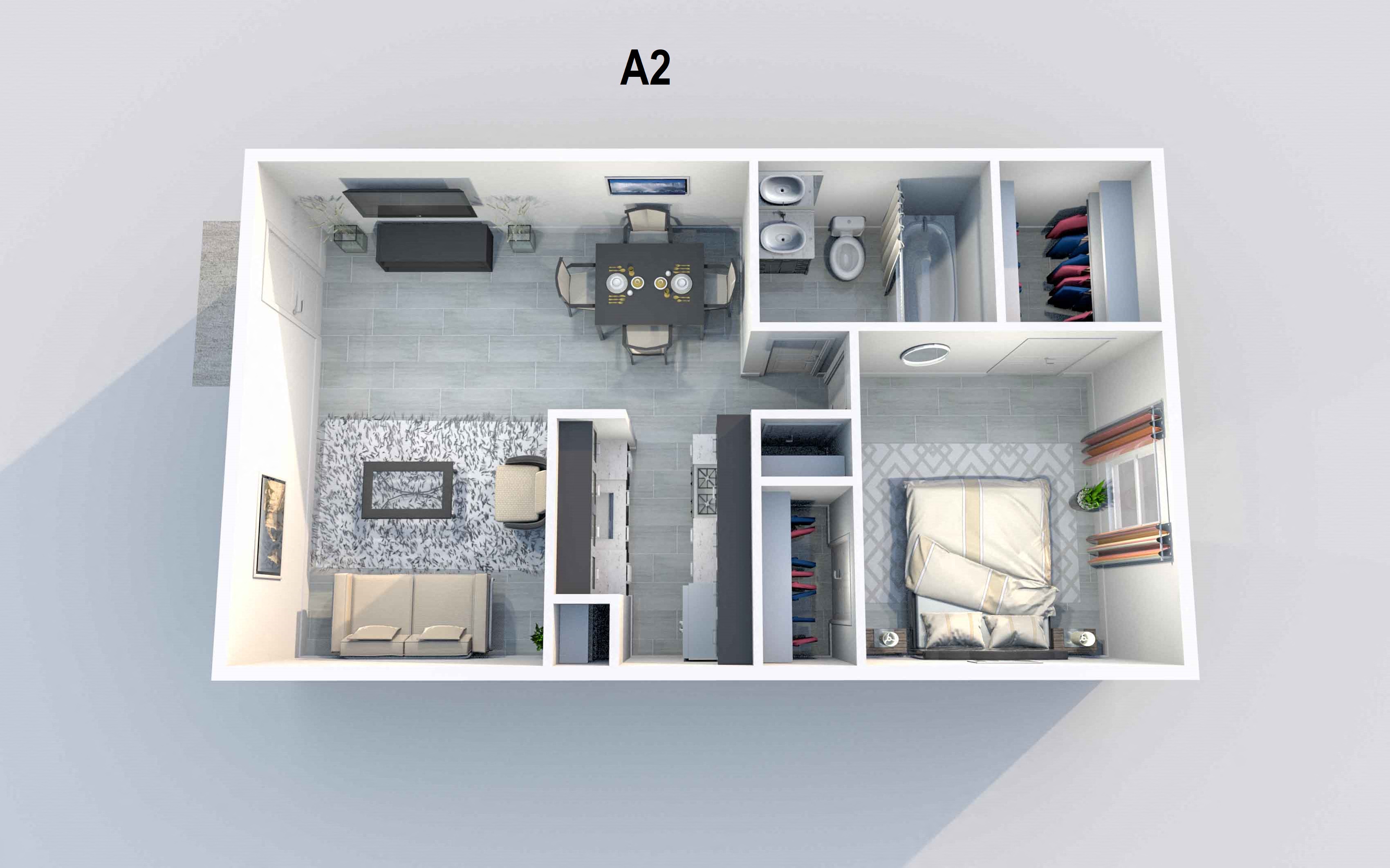 Floor plan for 1 bed, 1 bath, 601 sqft