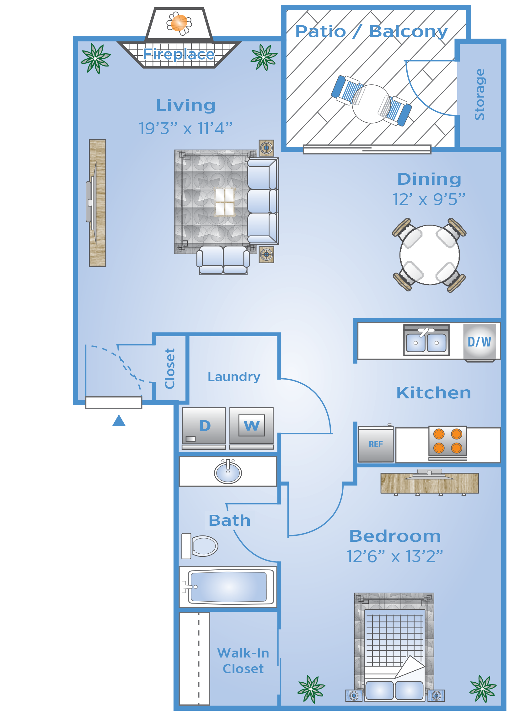 Floor plan for 1 bed, 1 bath, 750 sqft