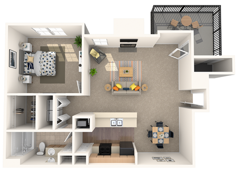 Floor plan for 1 bed, 1 bath, 689 sqft