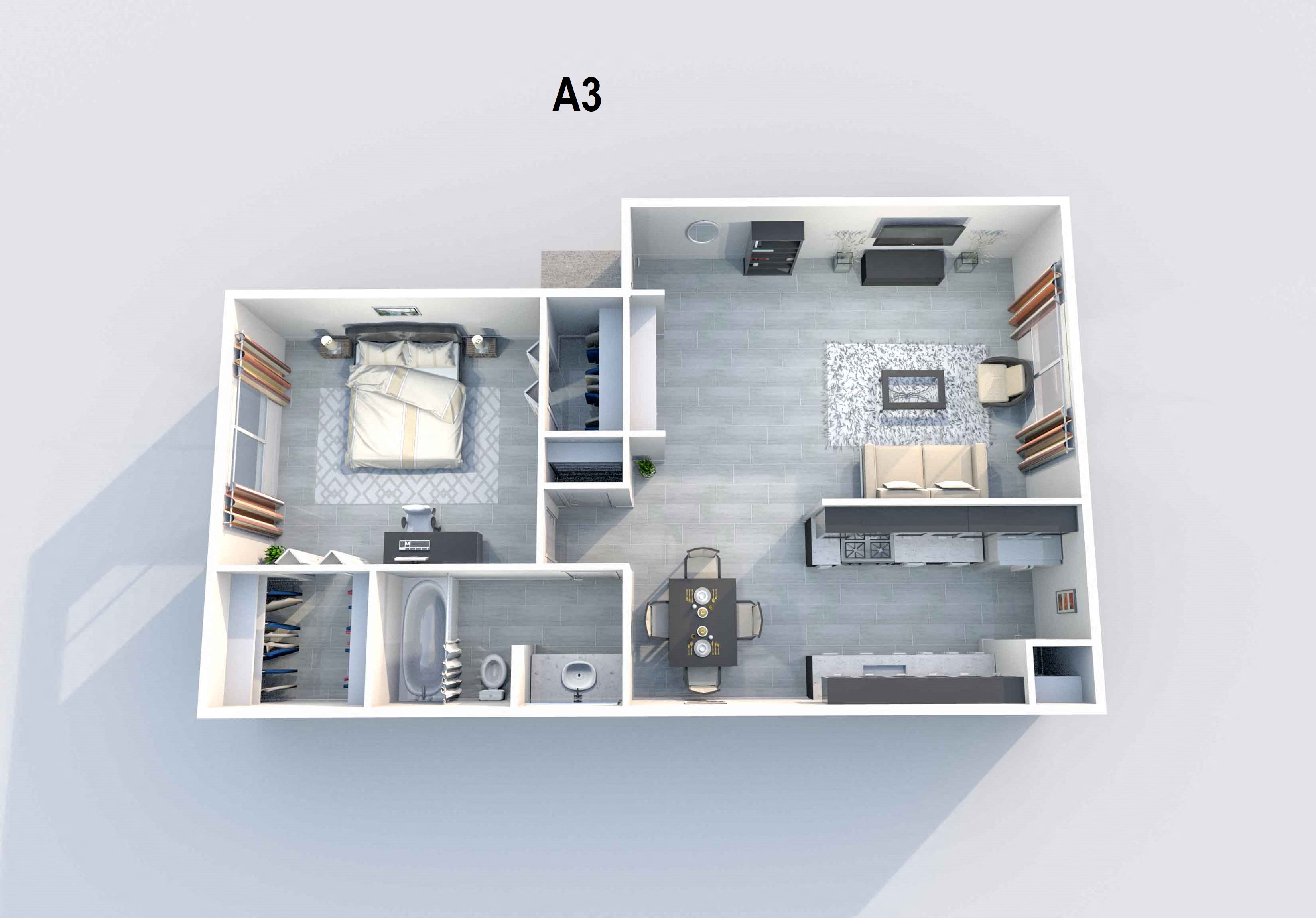 Floor plan for 1 bed, 1 bath, 641 sqft