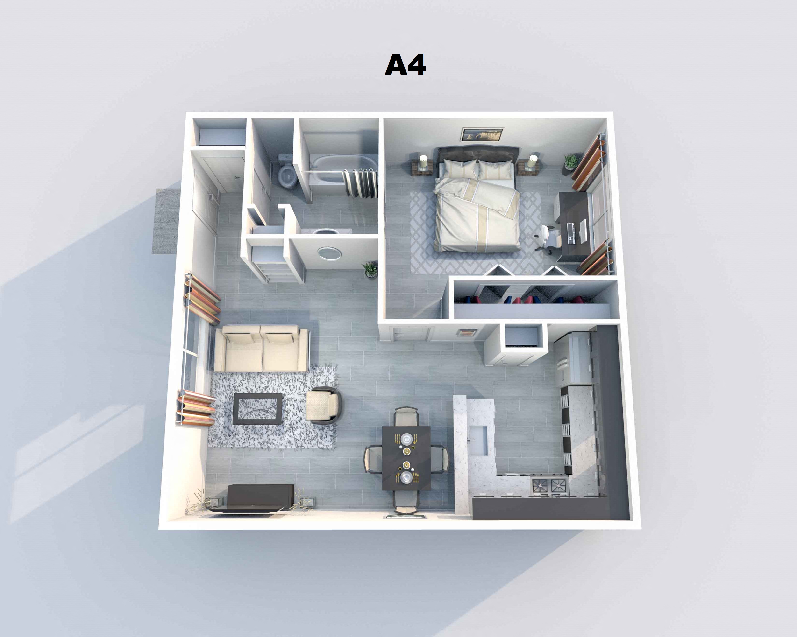 Floor plan for 1 bed, 1 bath, 687 sqft