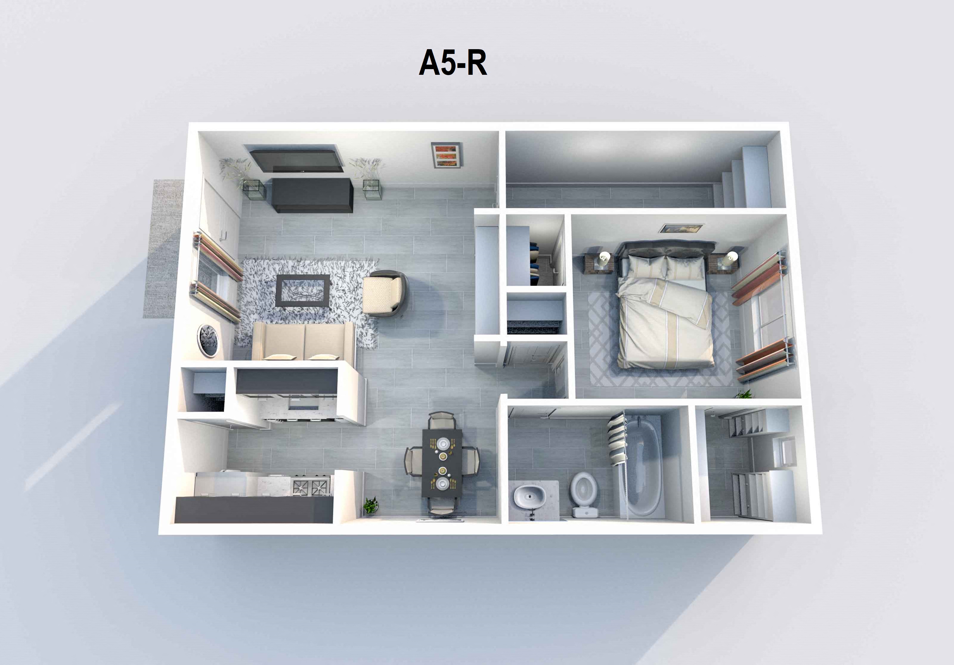 Floor plan for 1 bed, 1 bath, 689 sqft