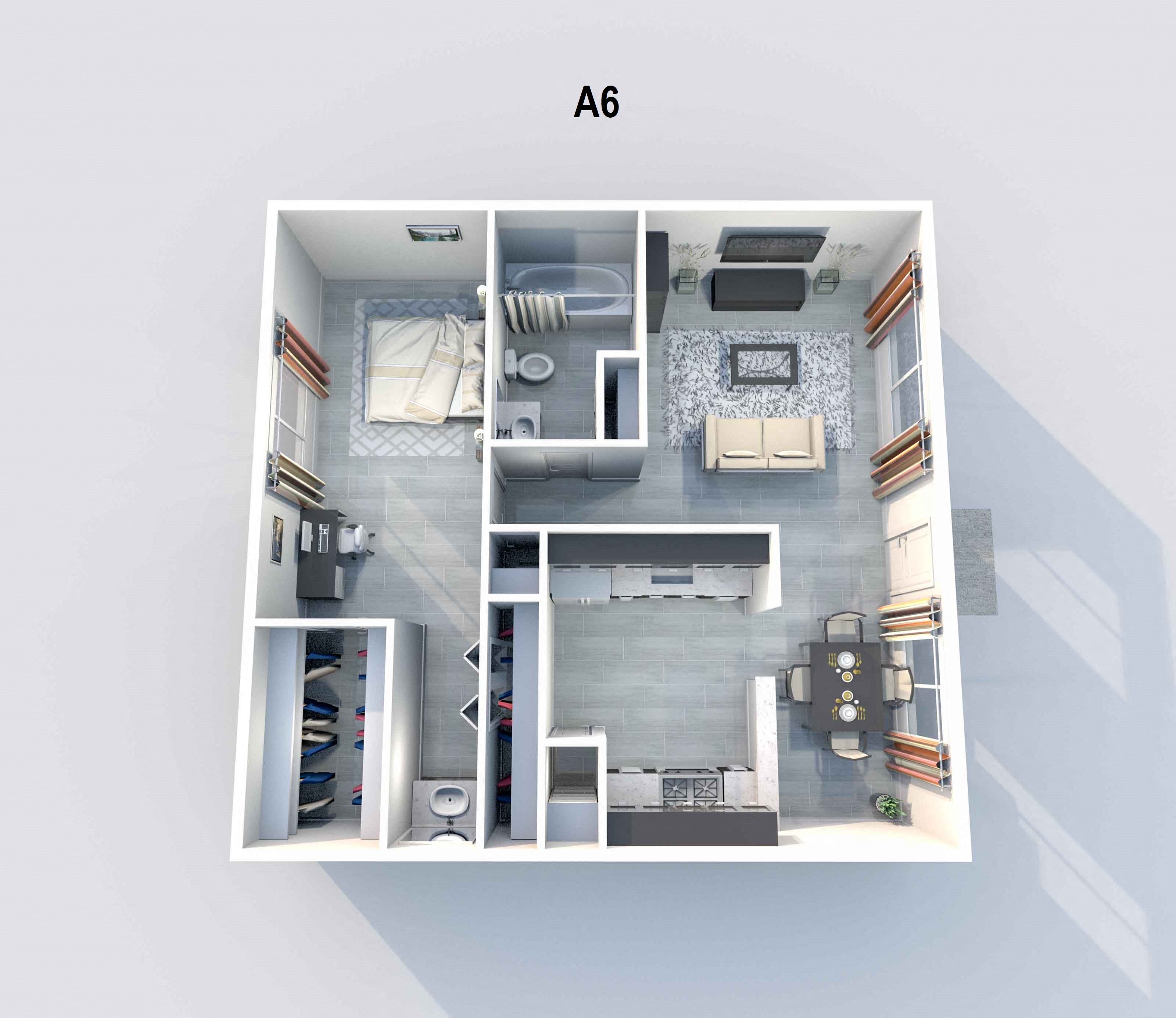 Floor plan for 1 bed, 1 bath, 717 sqft