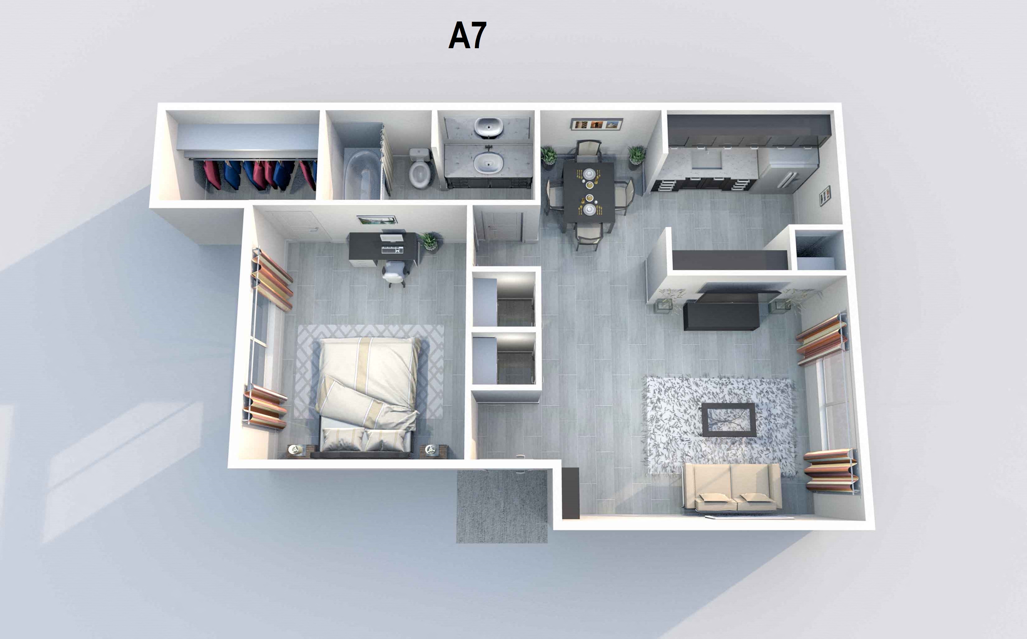 Floor plan for 1 bed, 1 bath, 752 sqft