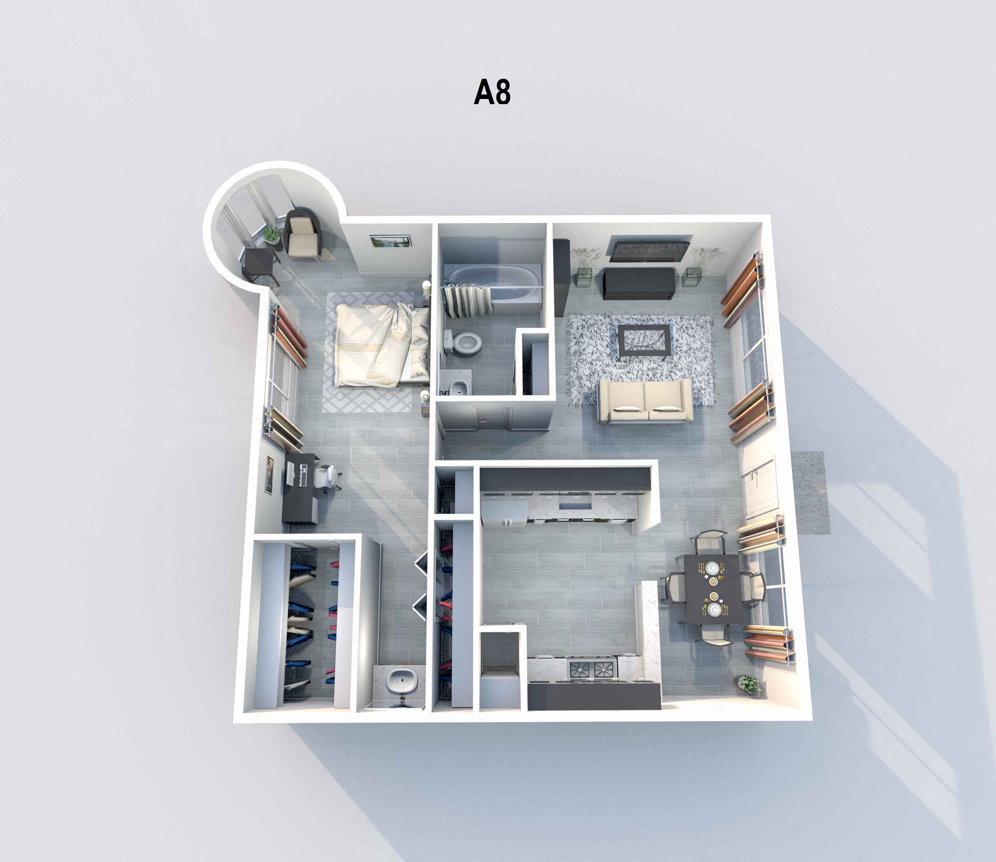 Floor plan for 1 bed, 1 bath, 762 sqft