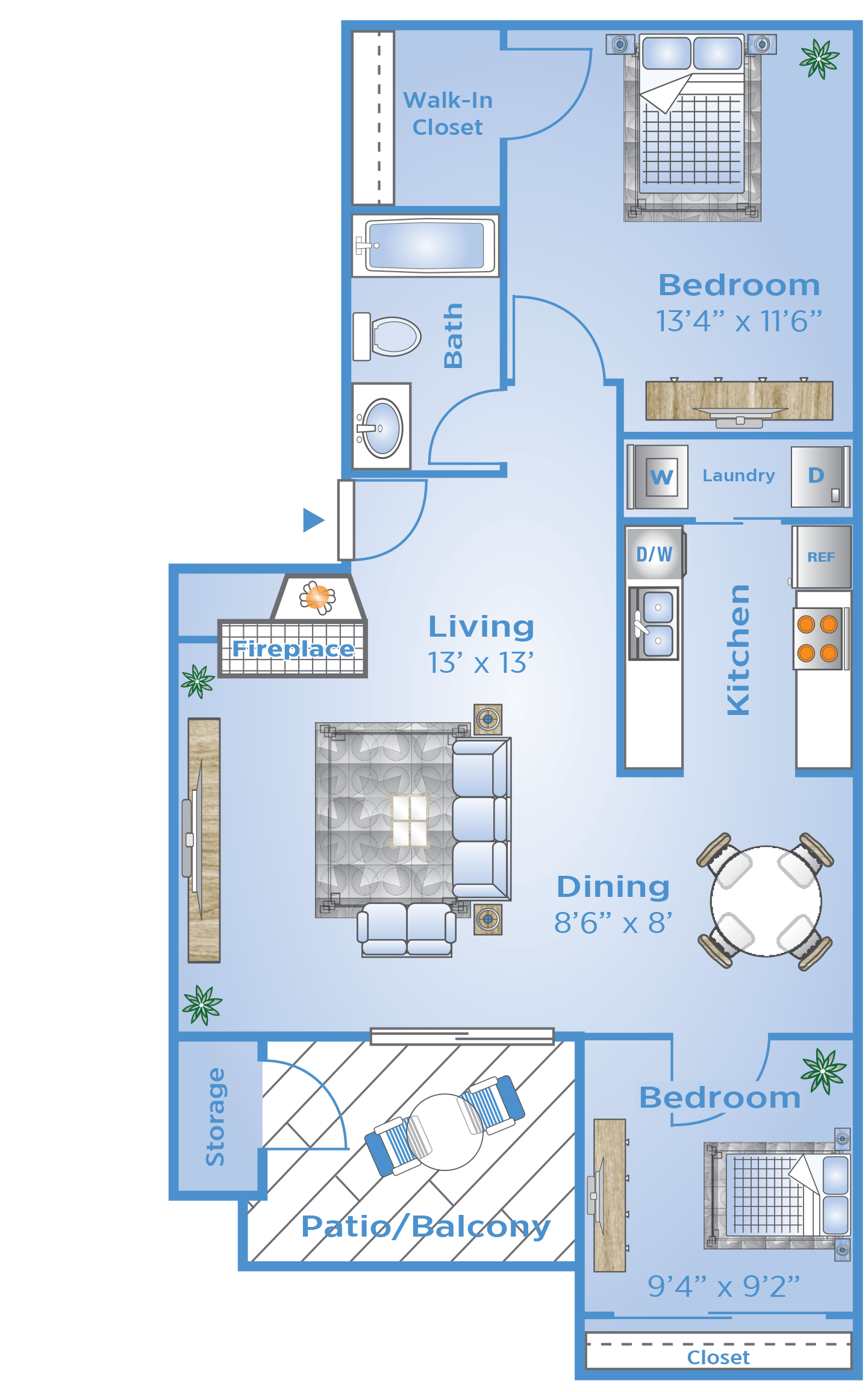 Floor plan for 2 beds, 1 bath, 814 sqft