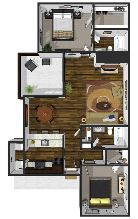 Floor plan for 2 beds, 2 baths, 1050 sqft