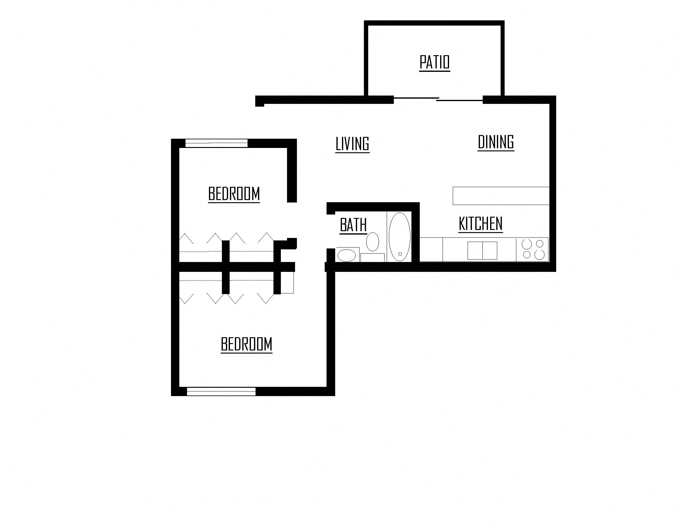 Floor plan for 2 beds, 1 bath, 658 sqft