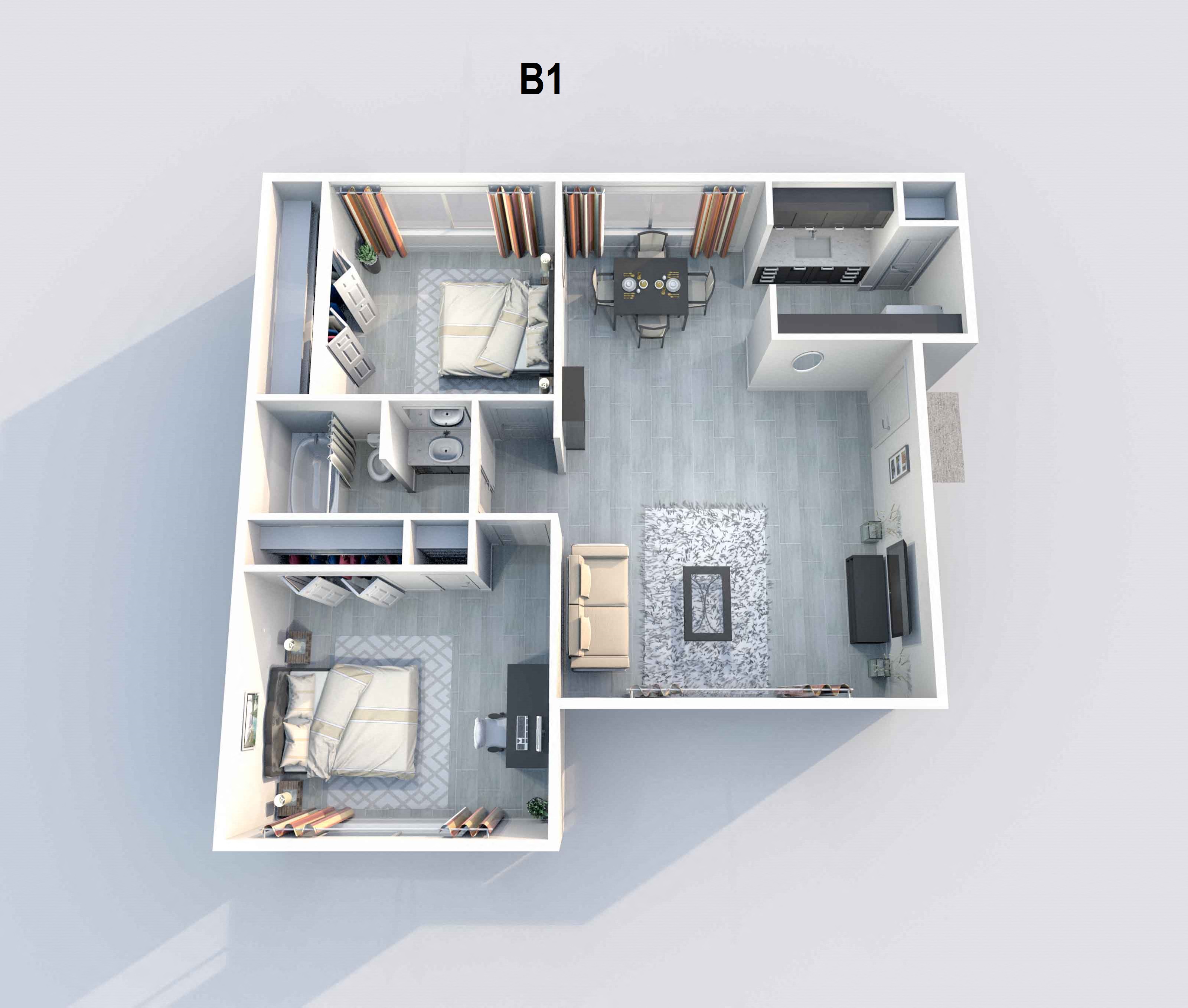 Floor plan for 2 beds, 1 bath, 685 sqft