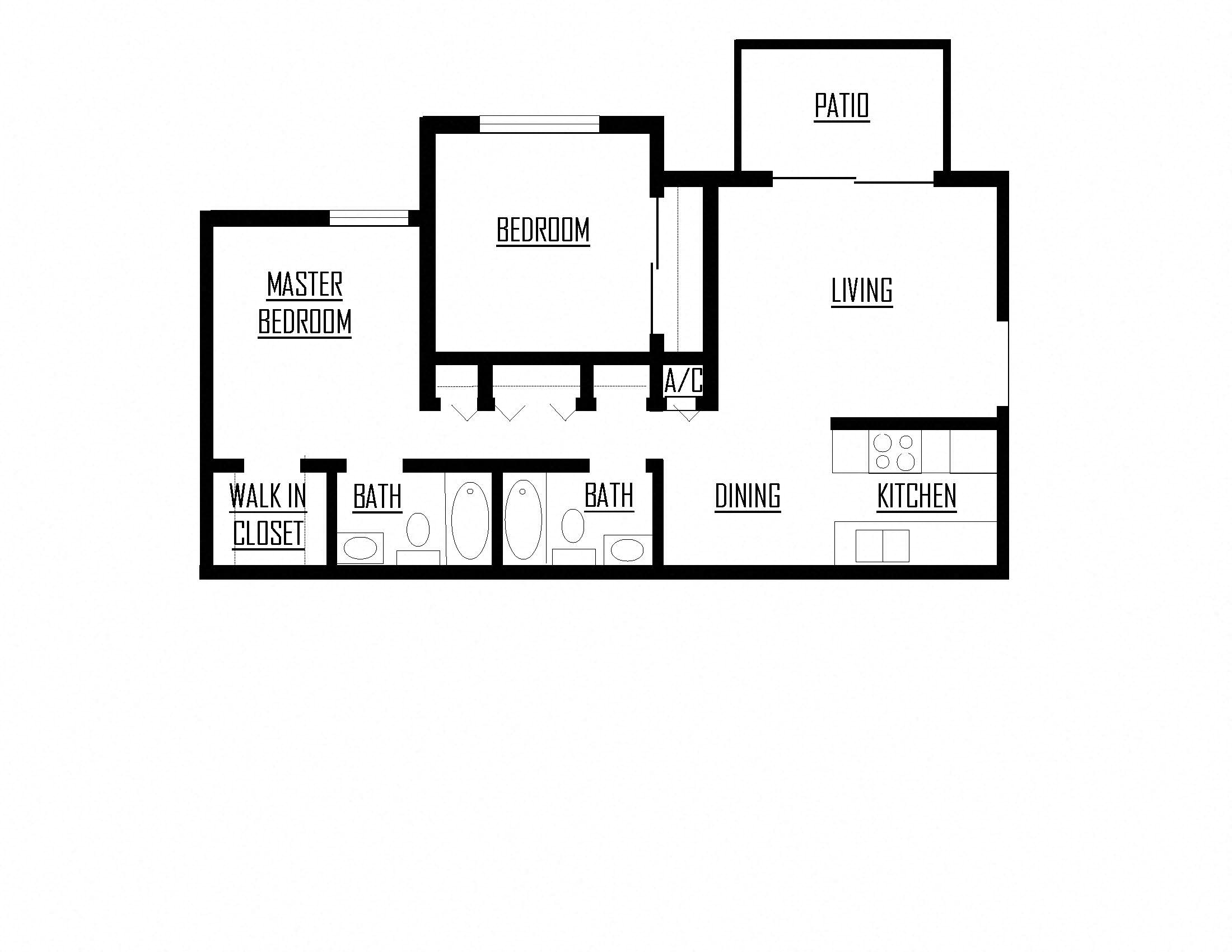 Floor plan for 2 beds, 2 baths, 800 sqft