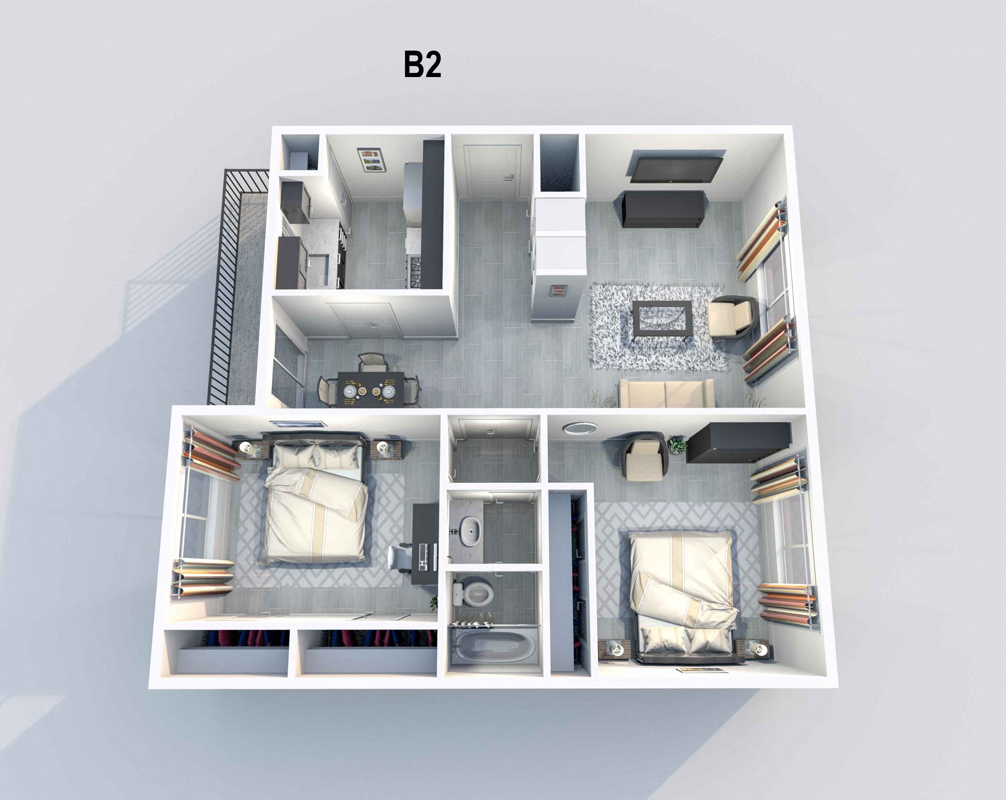 Floor plan for 2 beds, 1 bath, 746 sqft