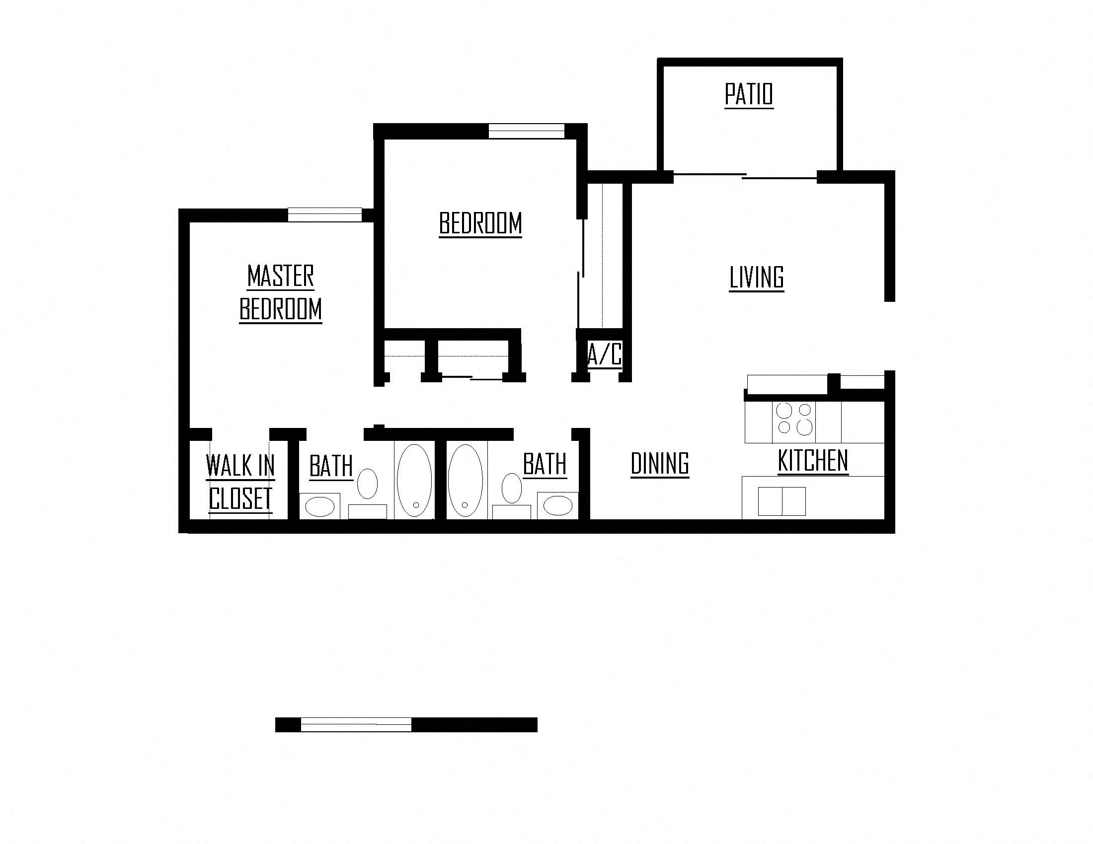 Floor plan for 2 beds, 2 baths, 857 sqft