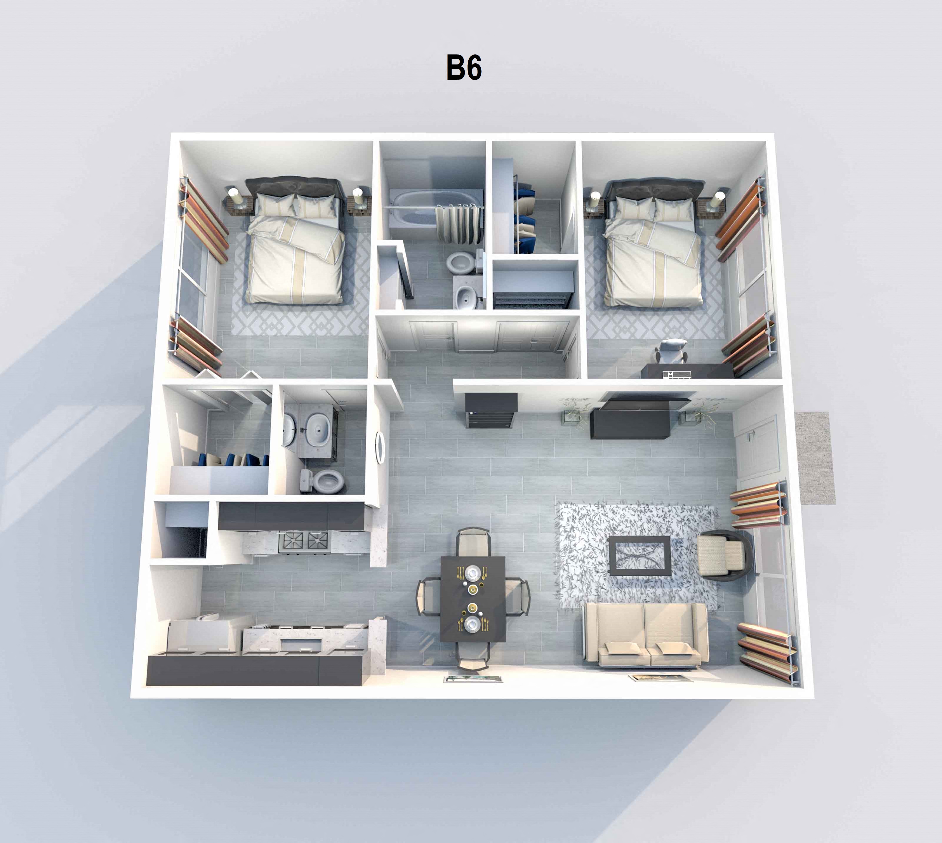 Floor plan for 2 beds, 2 baths, 927 sqft