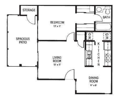 Floor plan for 1 bed, 1 bath, 630 sqft