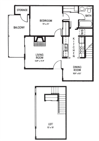 Floor plan for 2 beds, 1 bath, 880 sqft