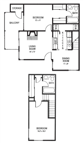 Floor plan for 2 beds, 2 baths, 978 sqft