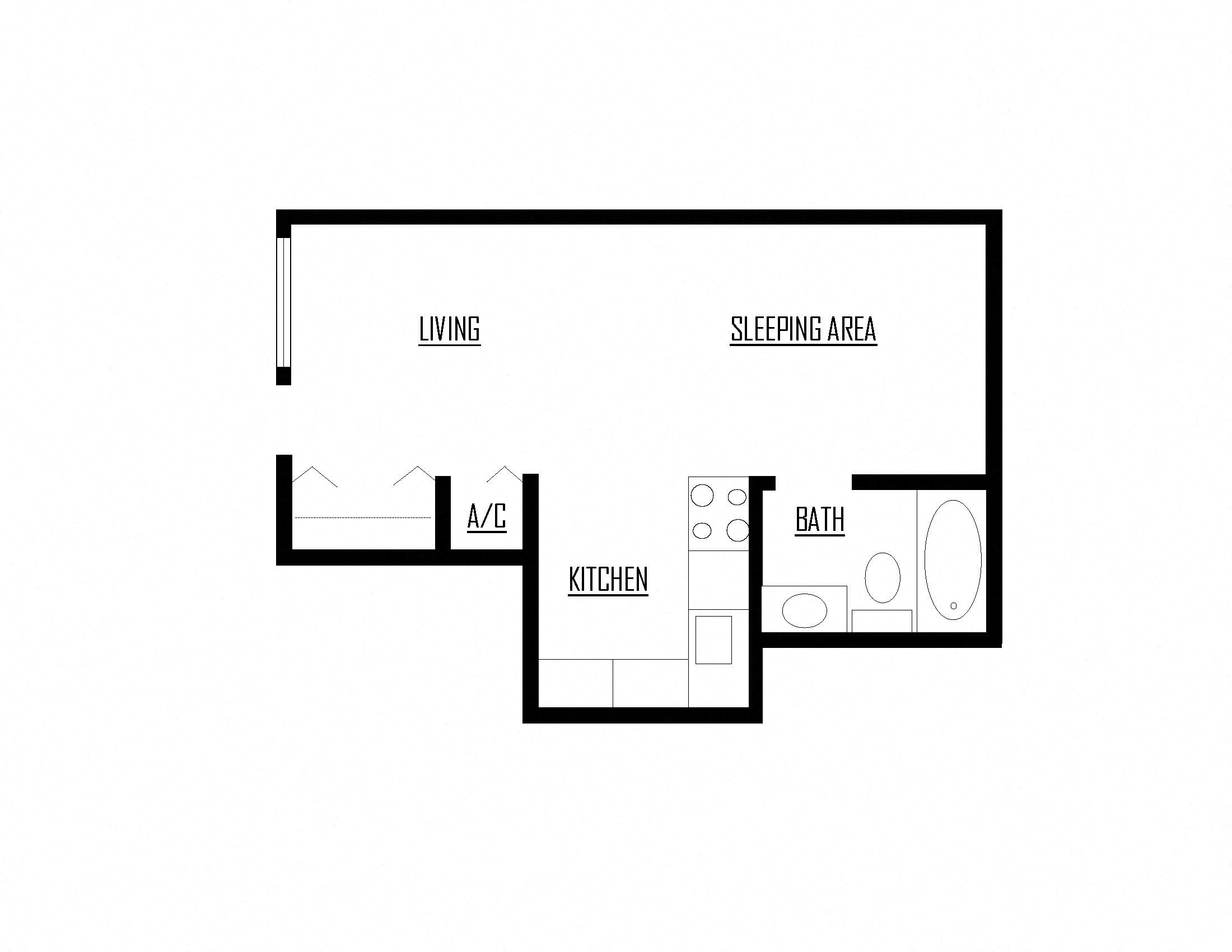 Floor plan for studio, 1 bath, 408 sqft