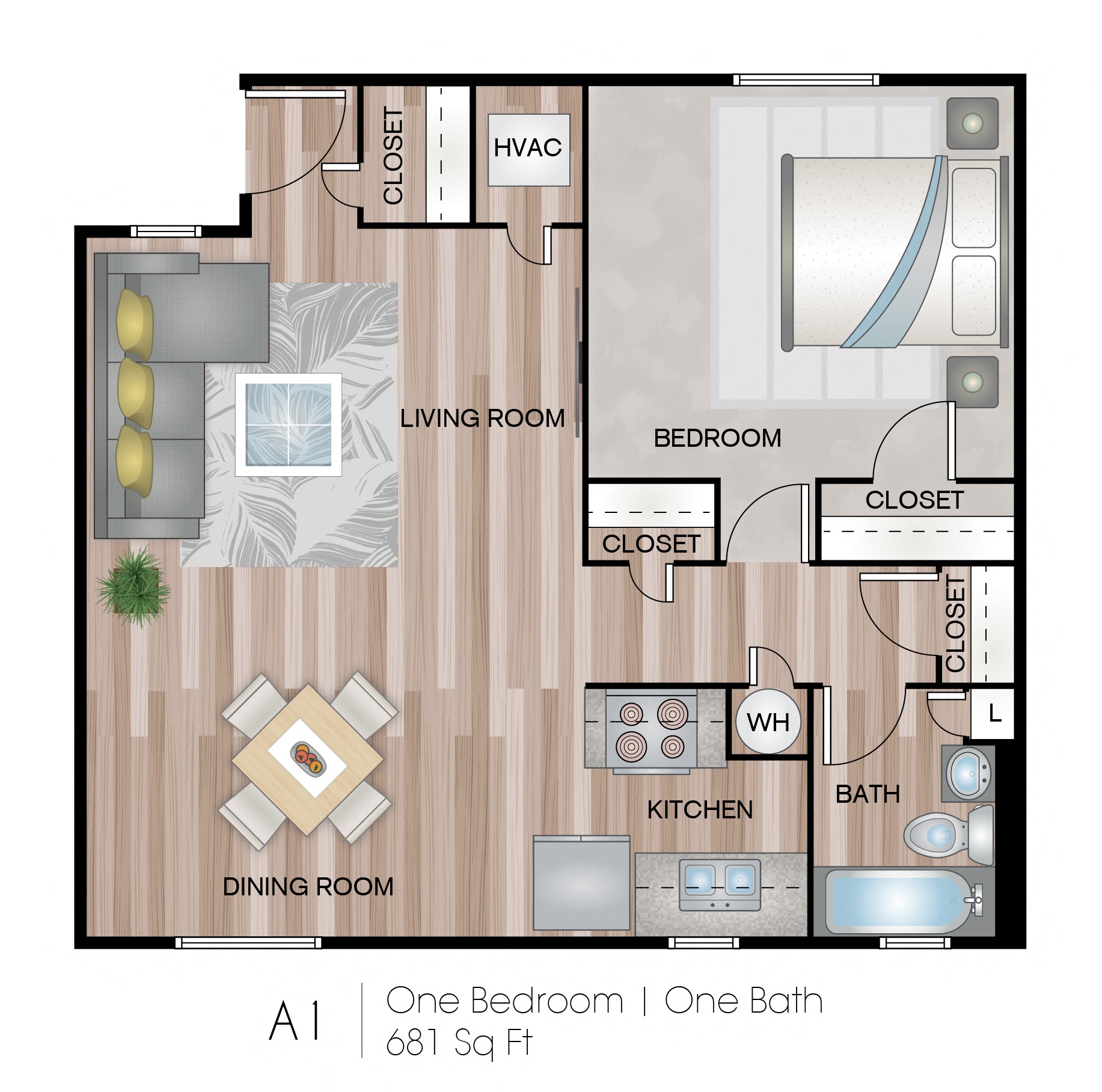 Floor plan for 1 bed, 1 bath, 681 sqft