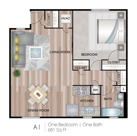Floor plan for 1 bed, 1 bath, 681 sqft