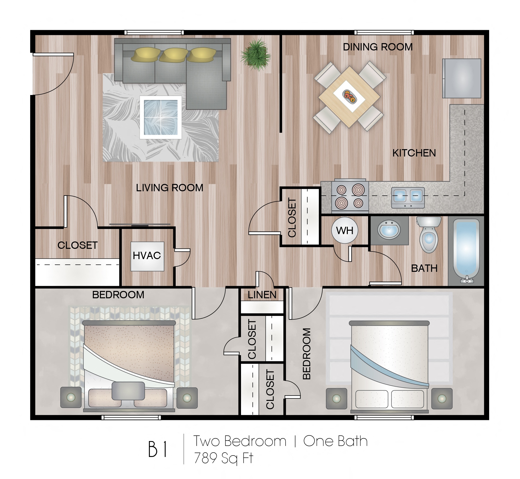Floor plan for 2 beds, 1 bath, 789 sqft
