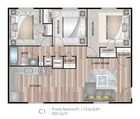 Floor plan for 3 beds, 1 bath, 903 sqft