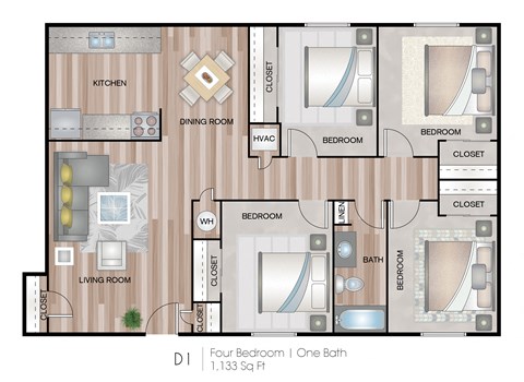 Floor plan for 4 beds, 1 bath, 1133 sqft