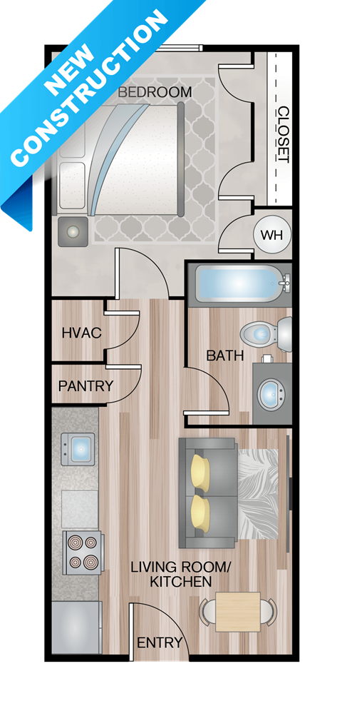 Floor plan for studio, 1 bath, 384 sqft