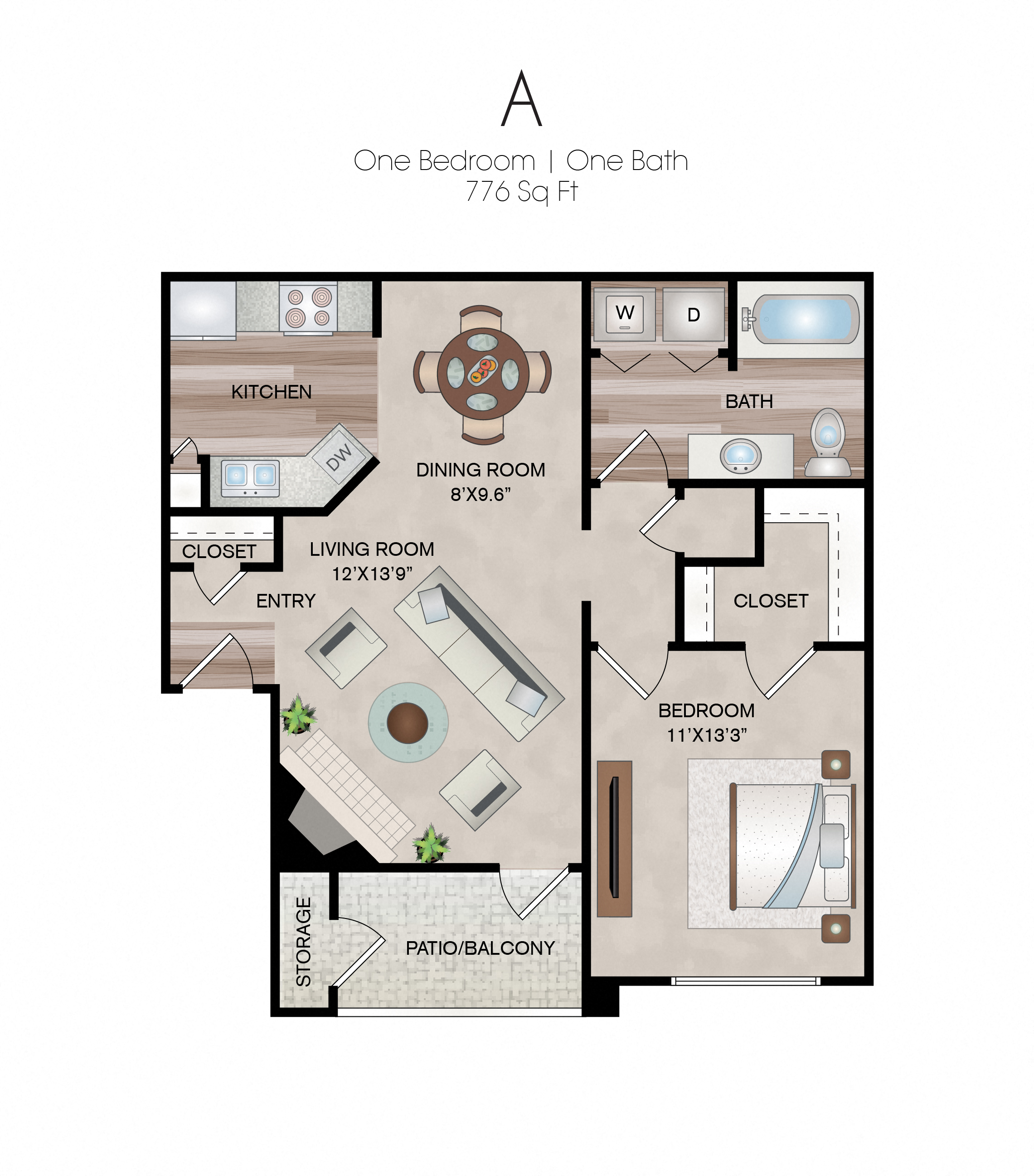 Floor plan for 1 bed, 1 bath, 776 sqft