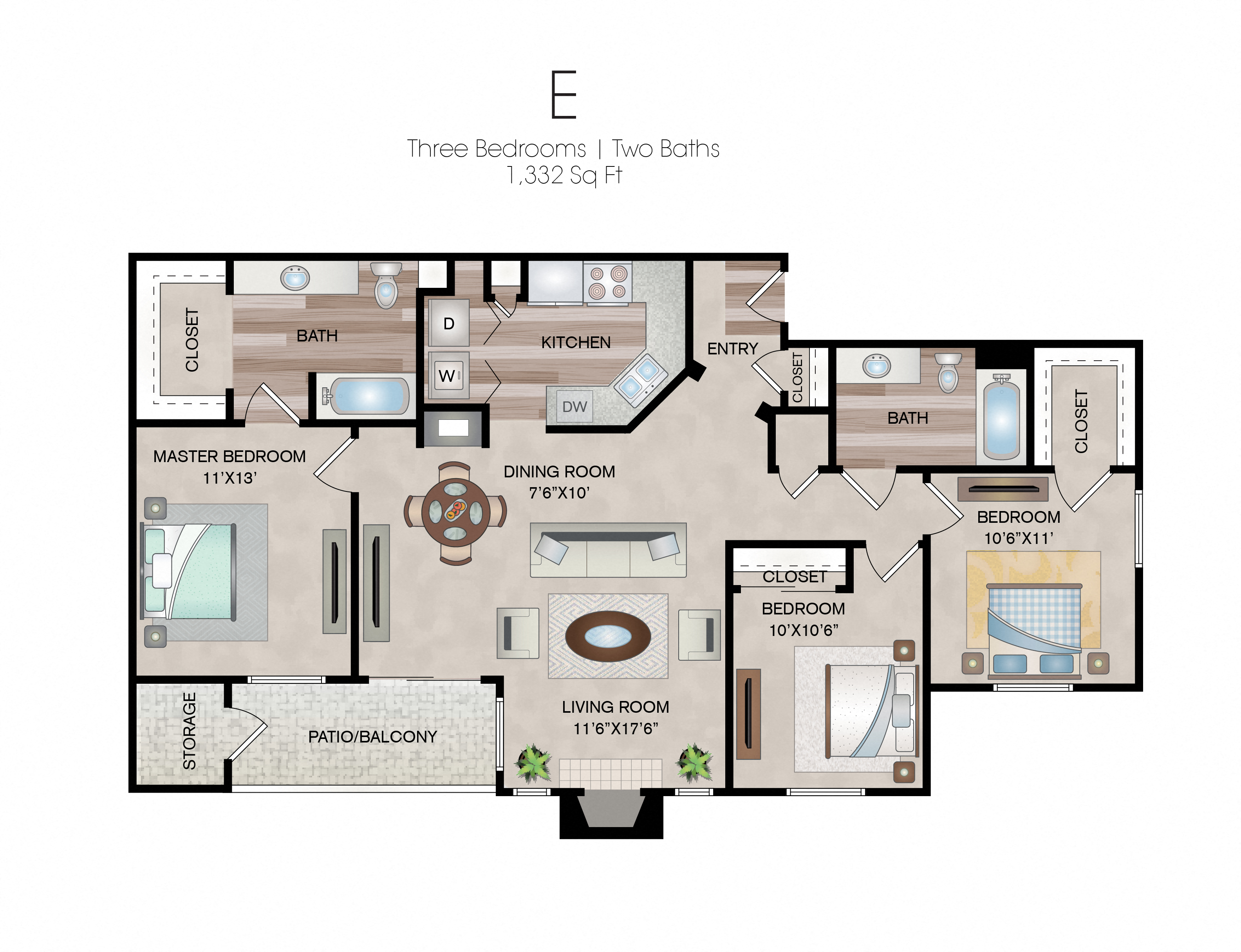 Floor plan for 3 beds, 2 baths, 1332 sqft