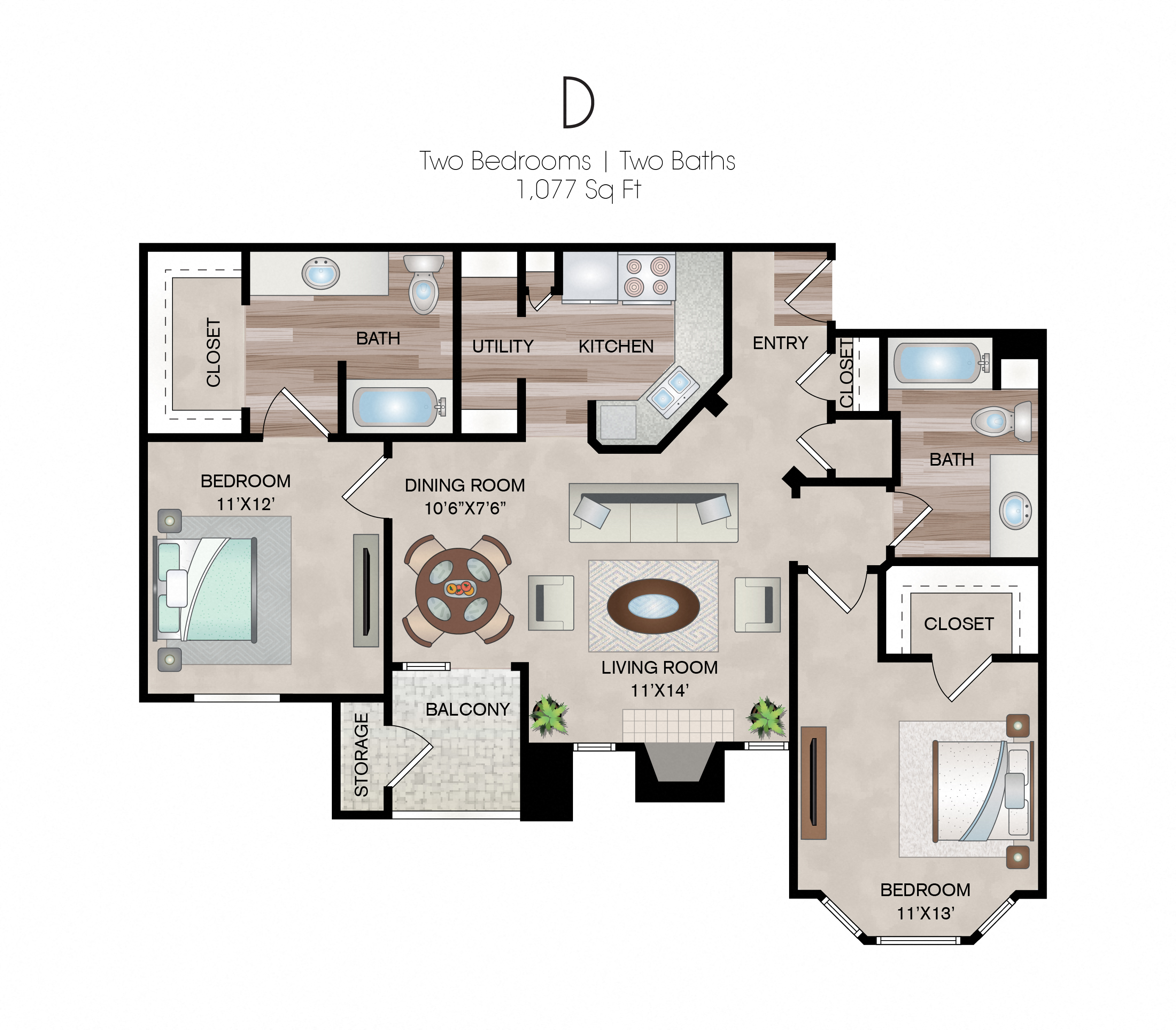 Floor plan for 2 beds, 2 baths, 1077 sqft
