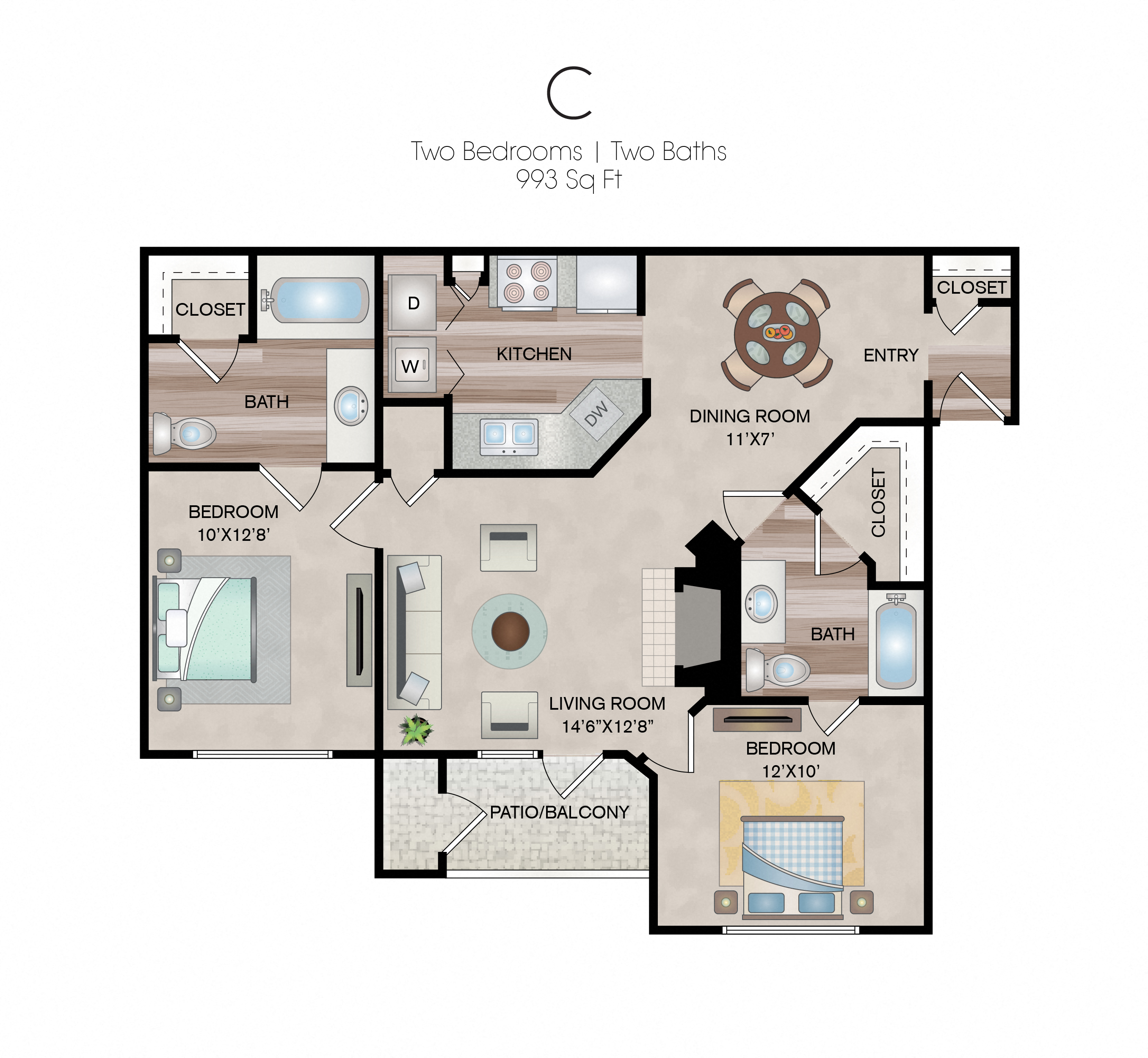 Floor plan for 2 beds, 2 baths, 993 sqft