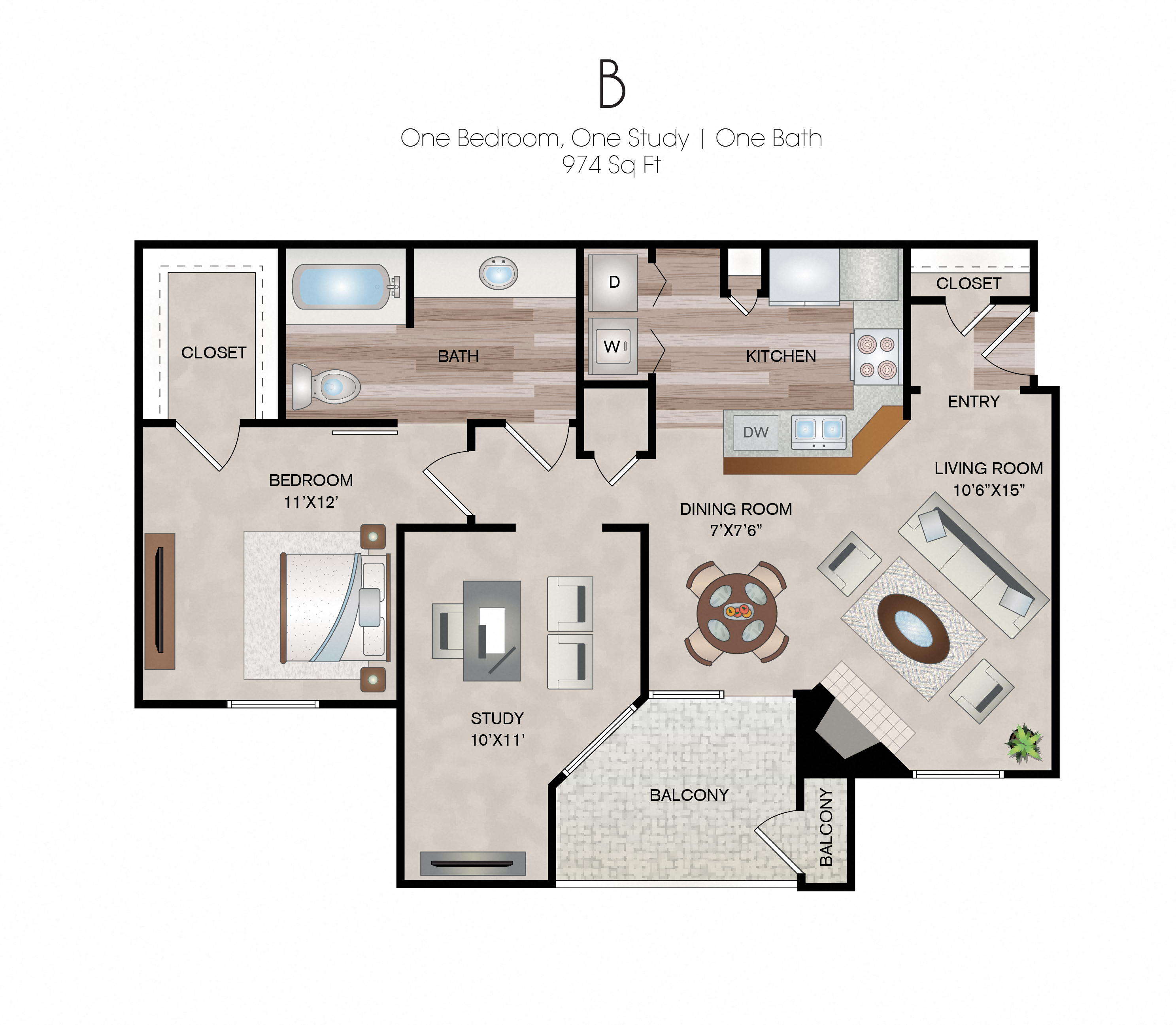 Floor plan for 1 bed, 1 bath, 974 sqft